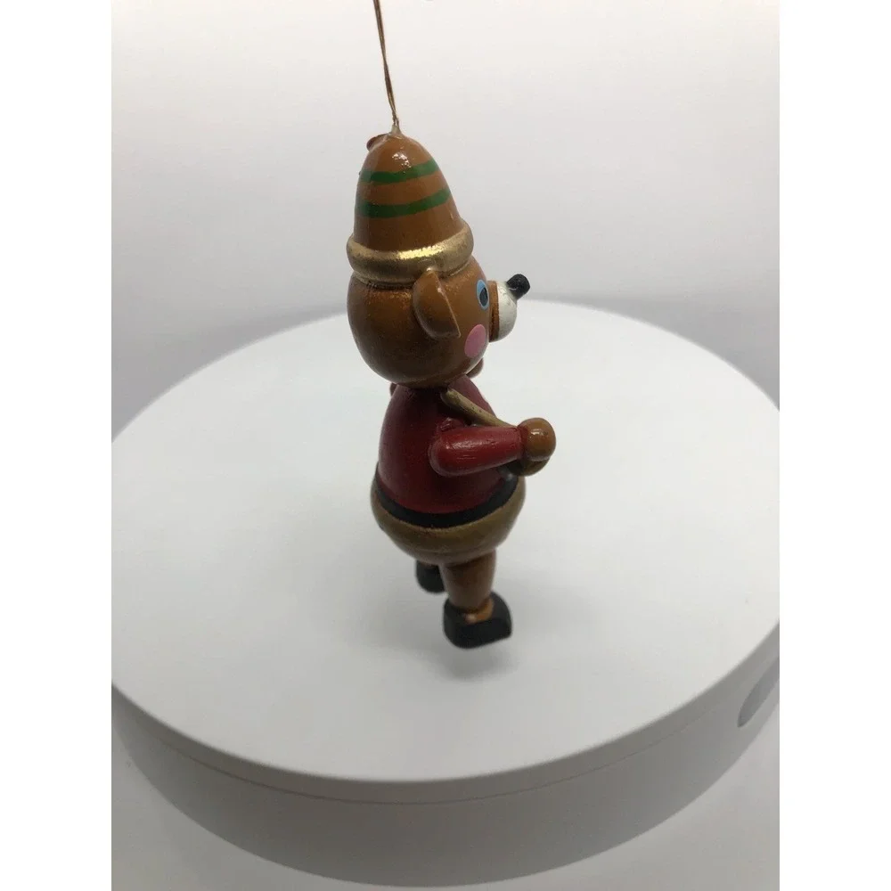 Vintage Christmas Wooden Teddy Bear Toy Ornament With‎ Horn Musical 4.25